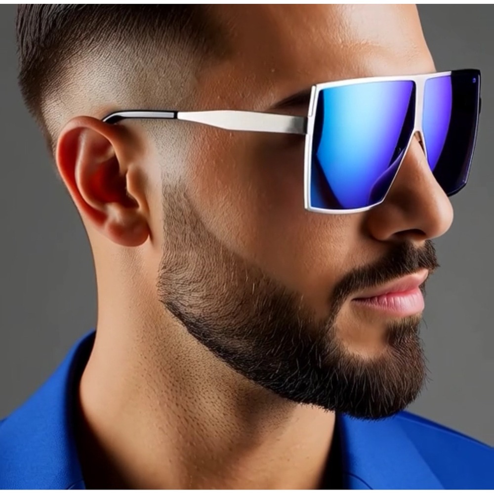 Rectangular Sunglasses Men Large Glasses Silver Metal Frame‎ Trendy Outfit Big